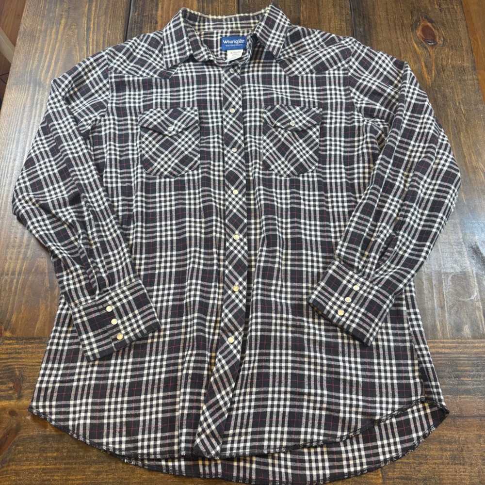 Wrangler Western Shirt Mens XLT Black White Plaid Pearl Snap Long Sleeve vintage